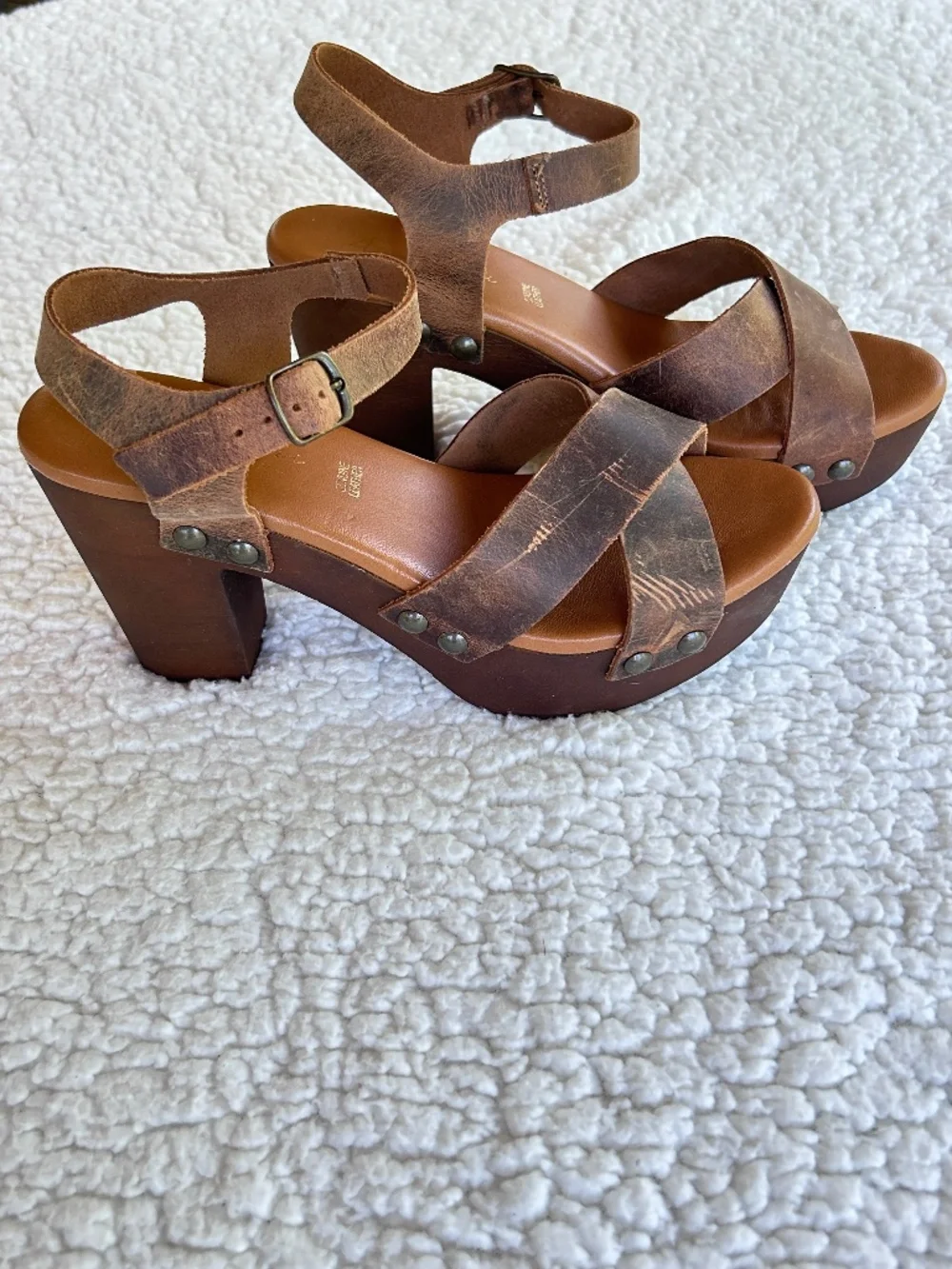 Brown Leather Boho Platform Clog Sandals Heels EU 38/US 8.5-9